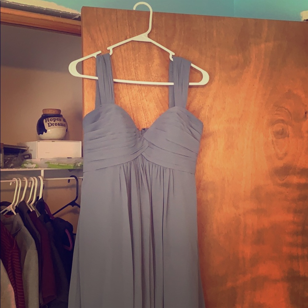 Beautiful slate blue floor-length bridesmaid dress